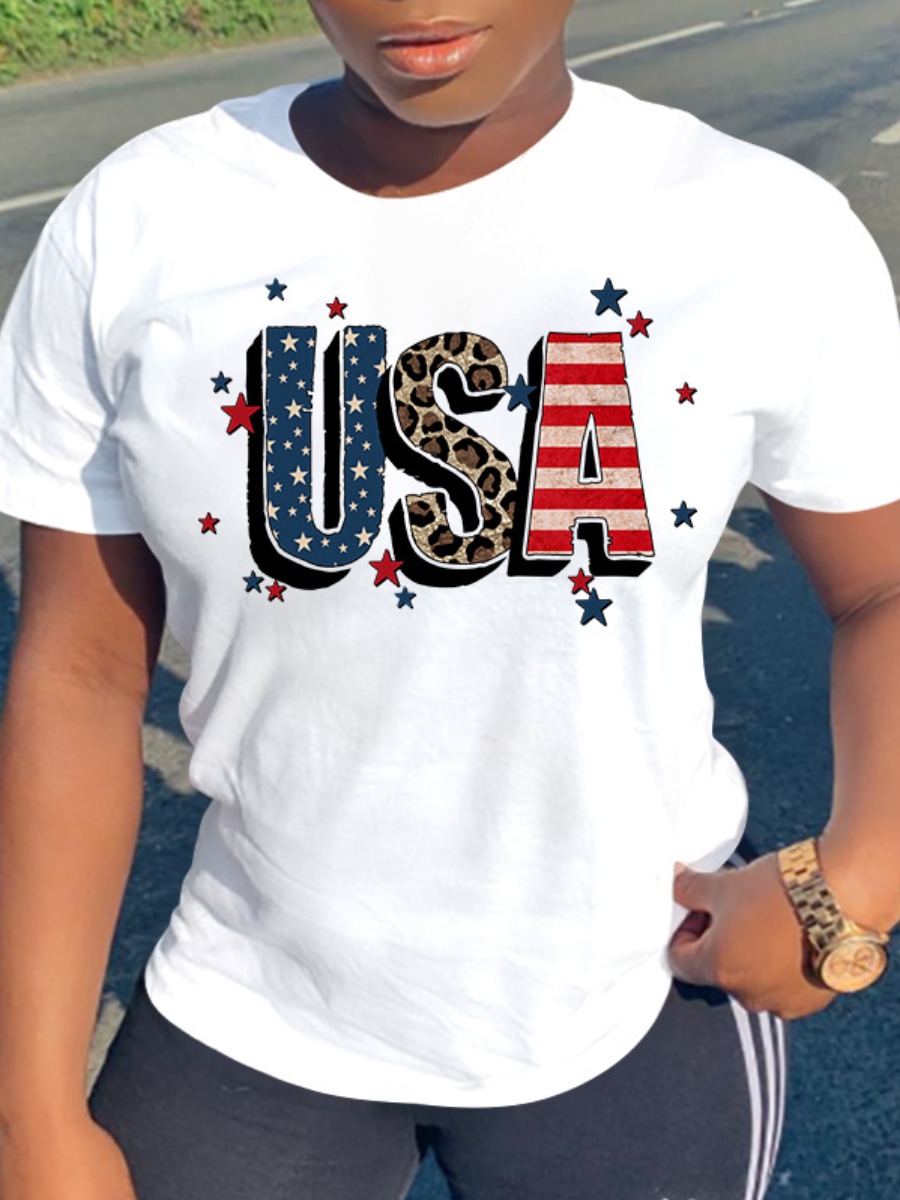 

LW Casual Round Neck Letter Print White T-shirt