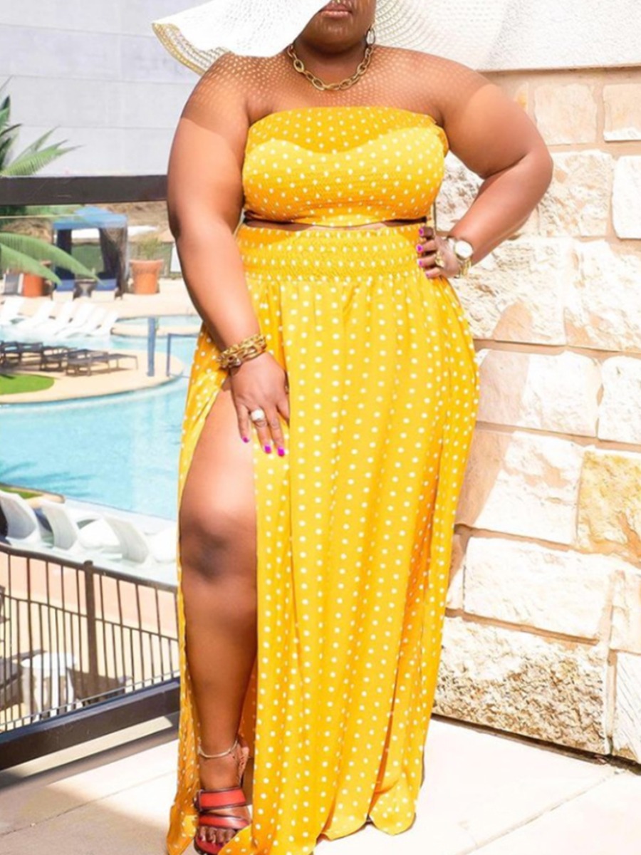 

Lovely Plus Size Boho Dot Print Split Yellow Two-piece Skirt Set