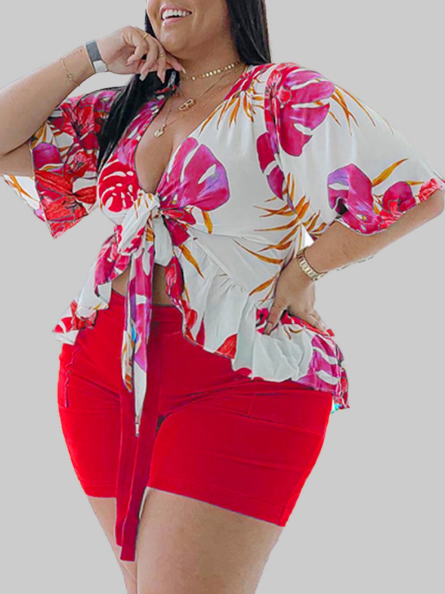 

LW Plus Size Boho Floral Print Bandage Design Red Two-piece Shorts Set