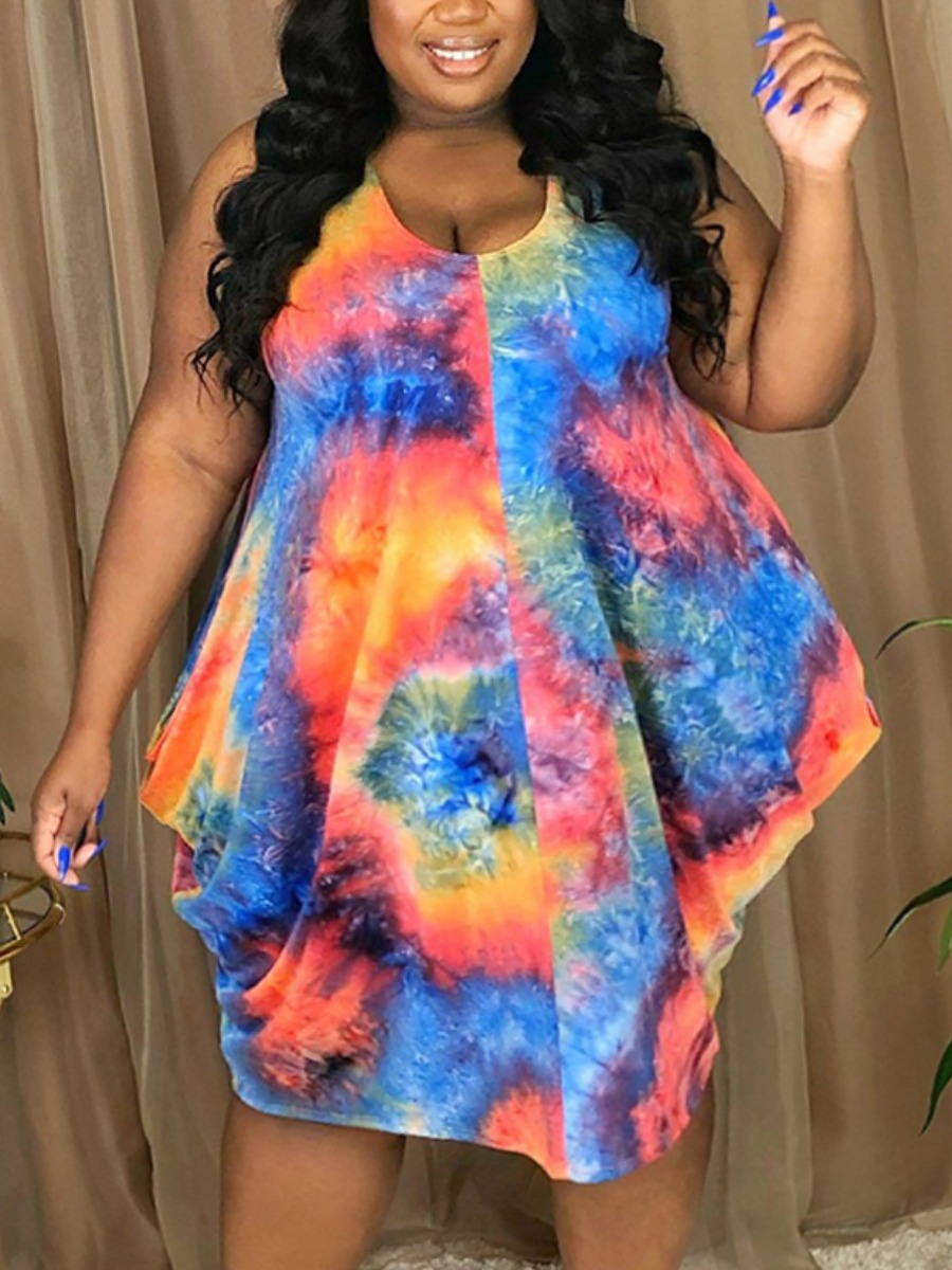 

Lovely Plus Size Casual Tie-dye Asymmetrical Blue Knee Length Dress