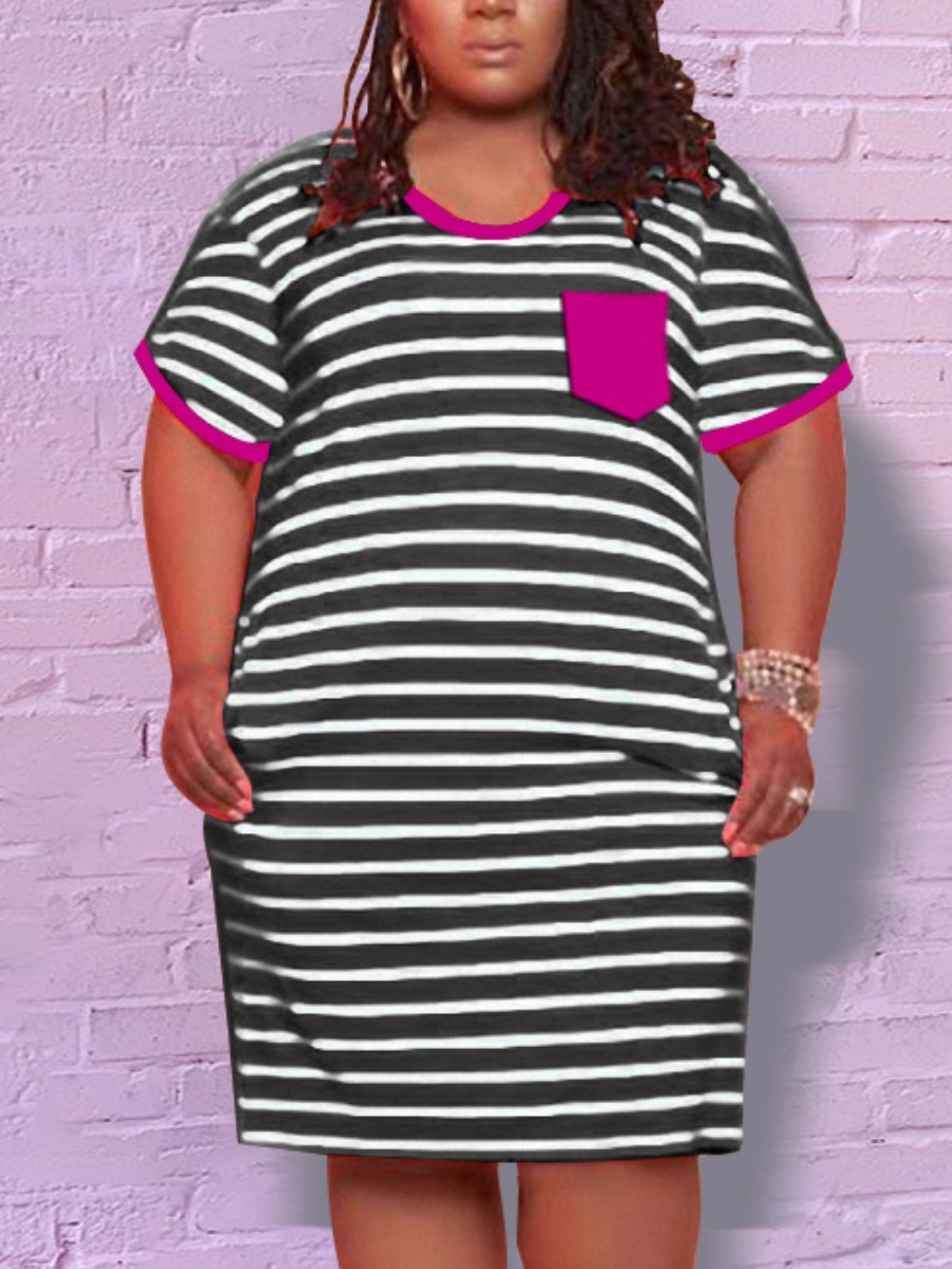 

Lovely Plus Size Casual Striped Pocket Design Purple Knee Length Dress