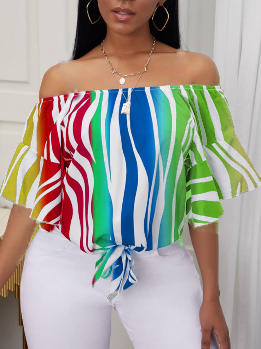 

LW Casual Off The Shoulder Patchwork Multicolor Blouse, Multi