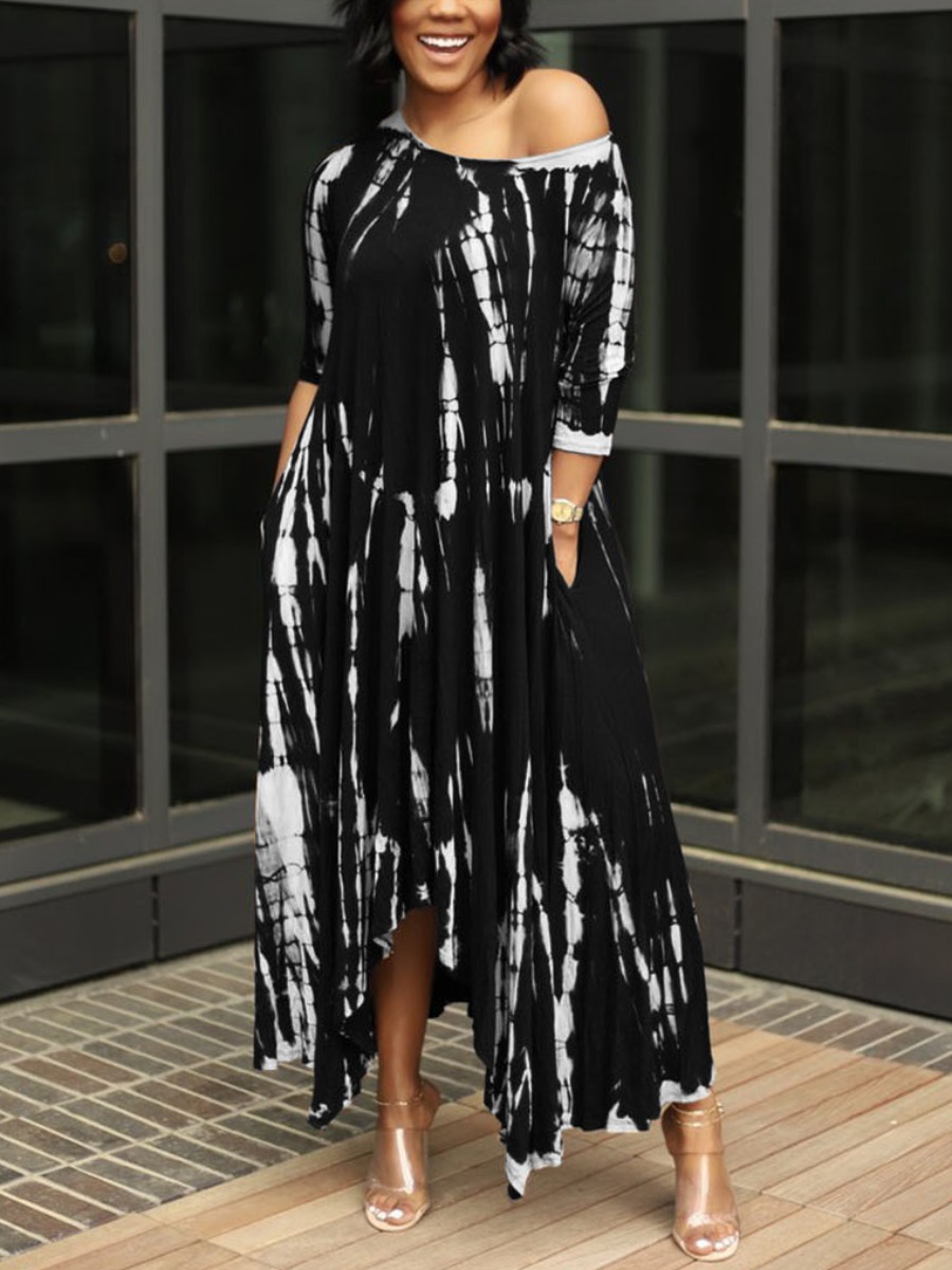 LW Plus Size Casual Tie-dye Asymmetrical Black Ankle Length Dress