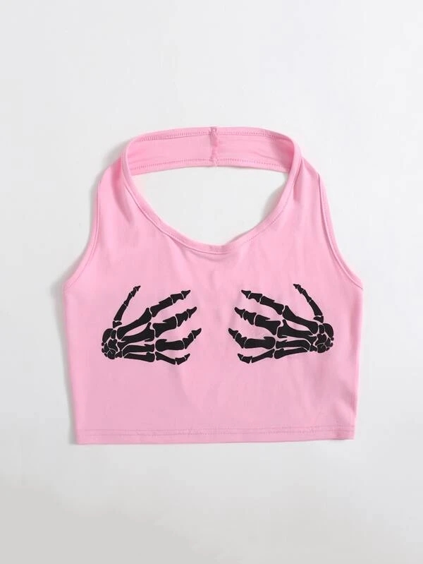 

Lovely Casual Round Neck Hand Print Pink Camisole
