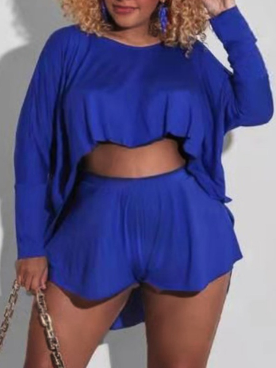 

Lovely Plus Size Sexy Boat Neck Asymmetrical Blue Two-piece Shorts Set