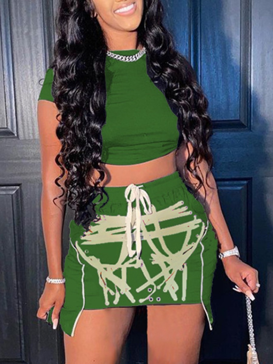 

Lovely Street Graffiti Print Drawstring Green Two Piece Skirt Set