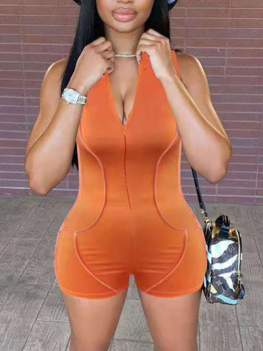 

Lovely Sporty Striped Zipper Design Orange One-piece Romper