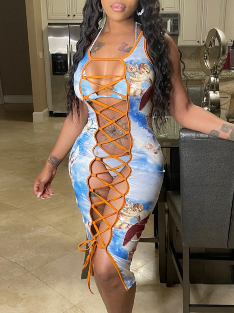

Lovely Boho Print Bandage Hollow-out Design Blue Three-piece Swimsuit