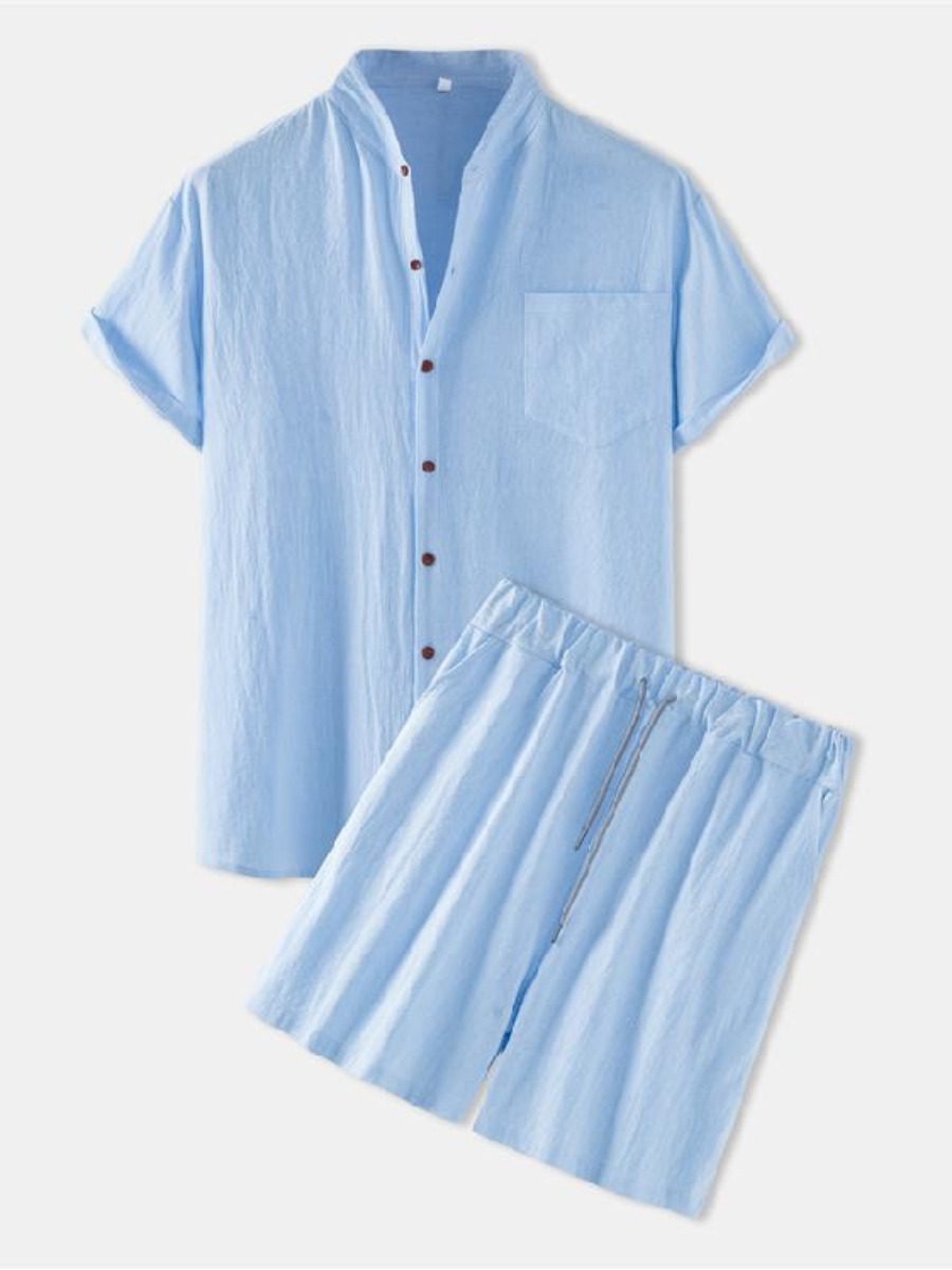 

Lovely Men Casual Button Design Drawstring Sky Blue Two pIece Shorts Set, Skyblue