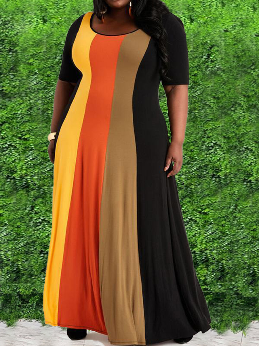 

Lovely Plus Size Casual Stripped Fold Design Croci Floor Length A Line Dress