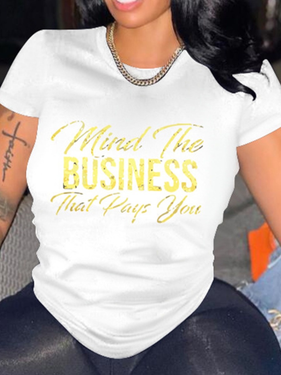 

Lovely Plus Size Casual Round Neck Letter Print White T-shirt