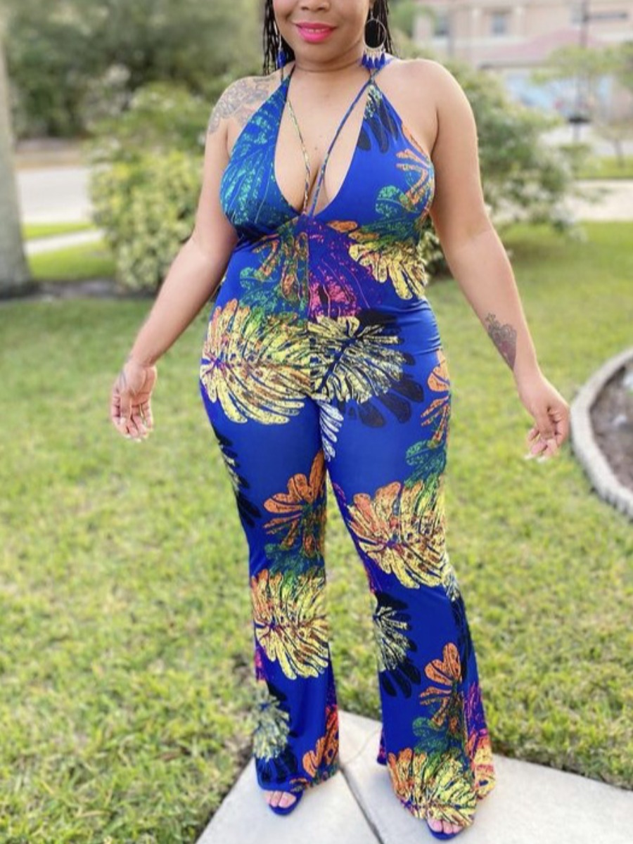 

Lovely Plus Size Boho Backless Floral Print Blue One-piece Jumpsuit