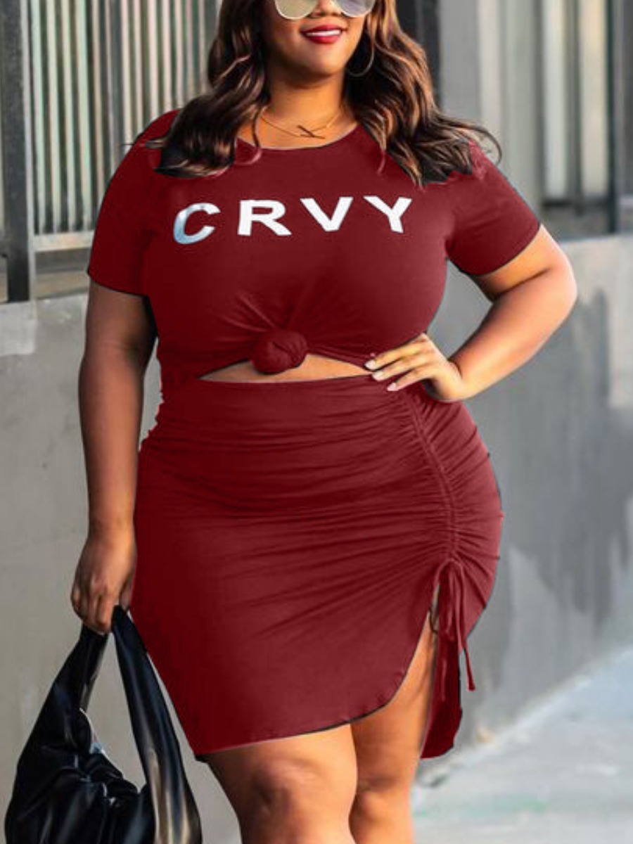 

Lovely Plus Size Casual Letter Print Drawstring Wine Red Two-piece Skirt Set