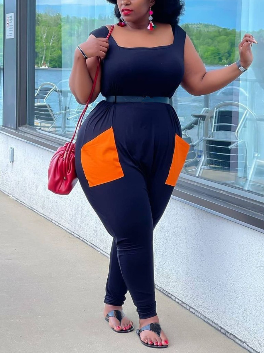

Lovely Plus Size Street Color-lump Pocket Design Black One-piece Jumpsuit (Without Belt)