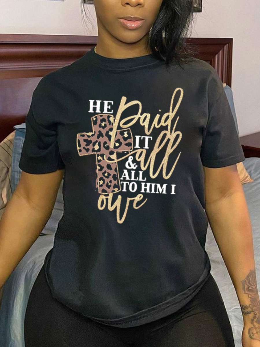 Lovely Casual Round Neck Letter Print Black T-shirt