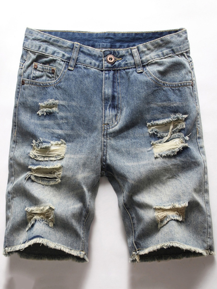 

Lovely Men Casual Mid Waist Broken Holes Blue Denim Shorts