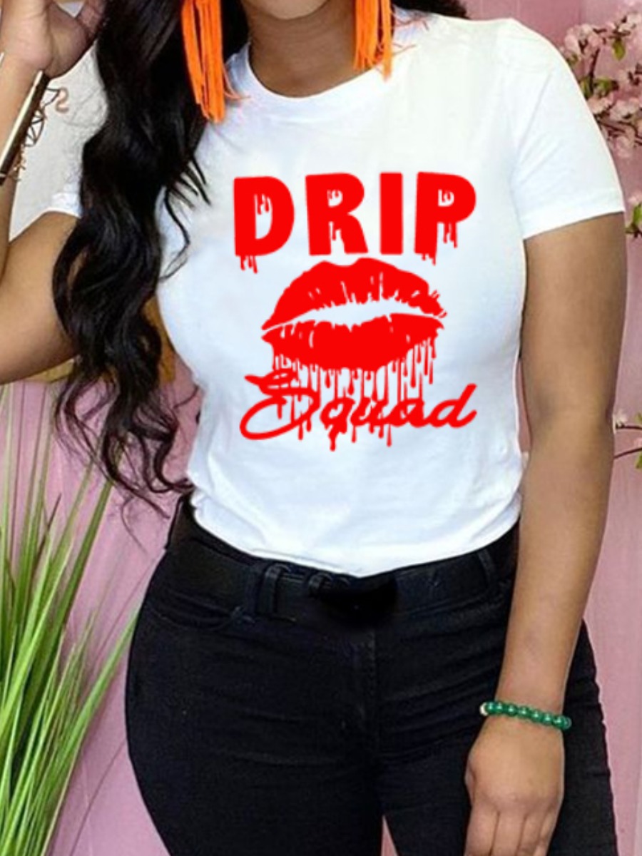 

Lovely Casual Letter Lip Print White T-shirt