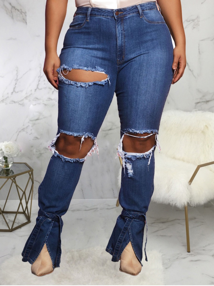 

LW Street Broken Holes Slit Blue Jeans