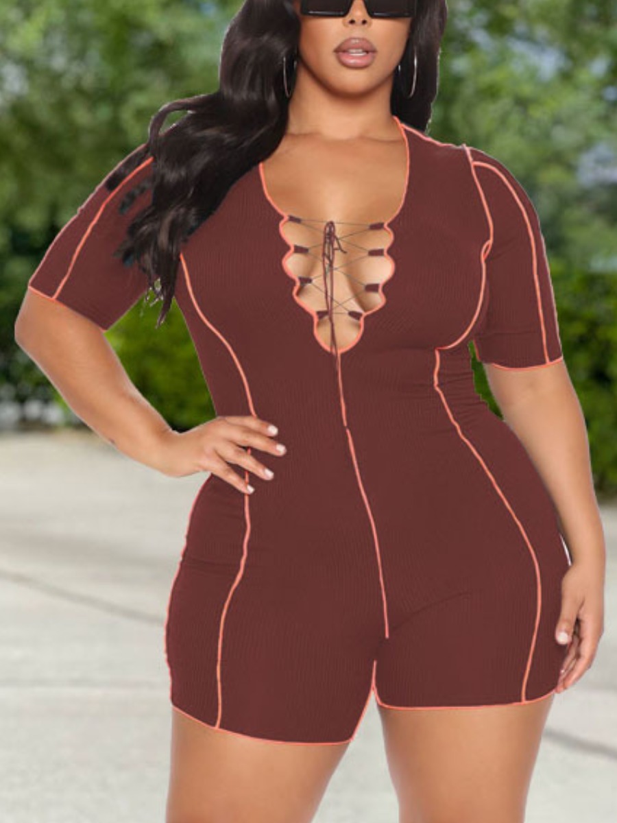 

LW Plus Size Sporty V Neck Striped Red One-piece Romper
