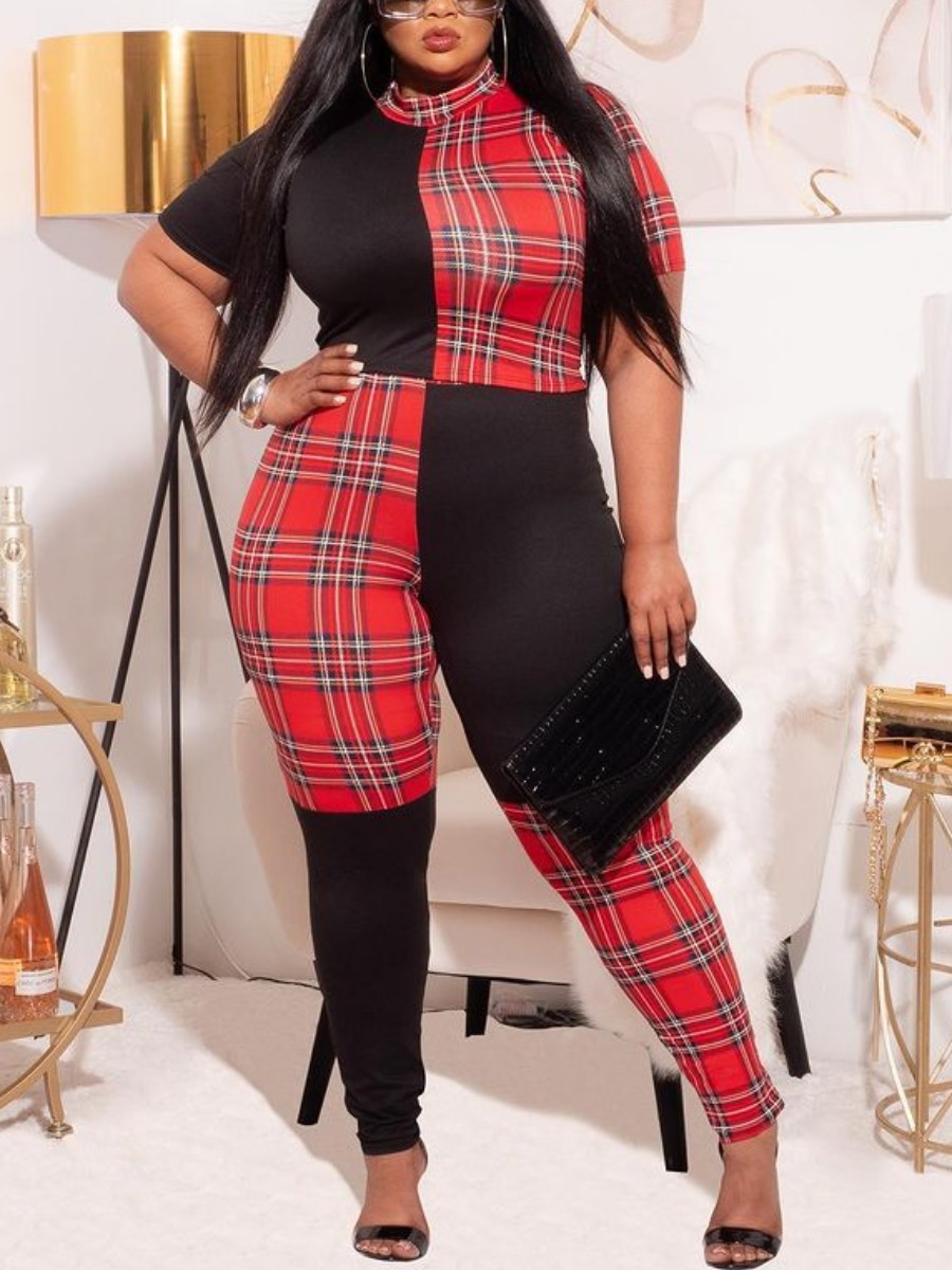 

Lovely Plus Size Street Plaid Print Patchwork Red One-piece Jumpsuit