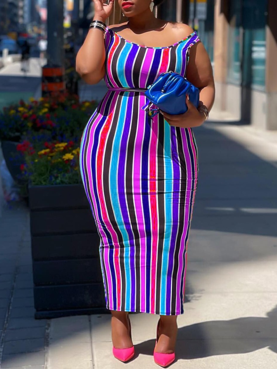 

Lovely Plus Size Boho U Neck Striped Purple Ankle Length Dress