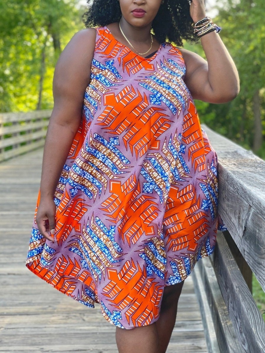 

Lovely Plus Size Boho V Neck Mixed Print Croci Knee Length A Line Dress