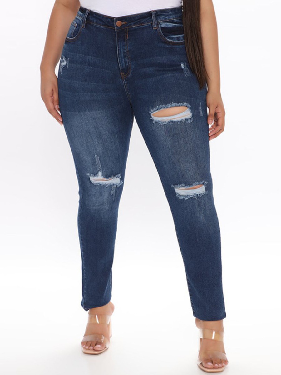 

LW Plus Size Casual Mid Waist High Stretchy Ripped Deep Blue Jeans