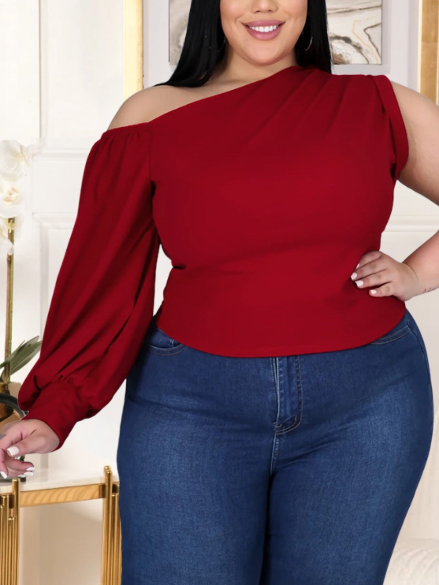 

Lovely Plus Size Sweet One Shoulder Ruffle Design Red T-shirt
