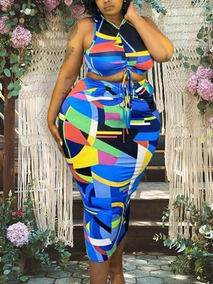 

Lovely Plus Size Casual Color-lump Drawstring Blue Two-piece Skirt Set