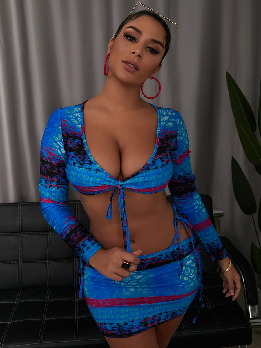 

LW Boho Print Drawstring Blue Two Piece Skirt Set
