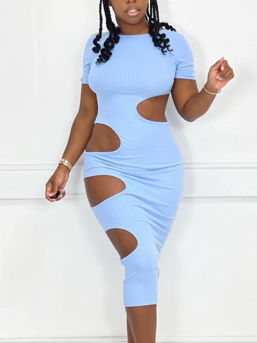 

LW Sexy Round Neck Hollow-out Baby Blue Knee Length Dress
