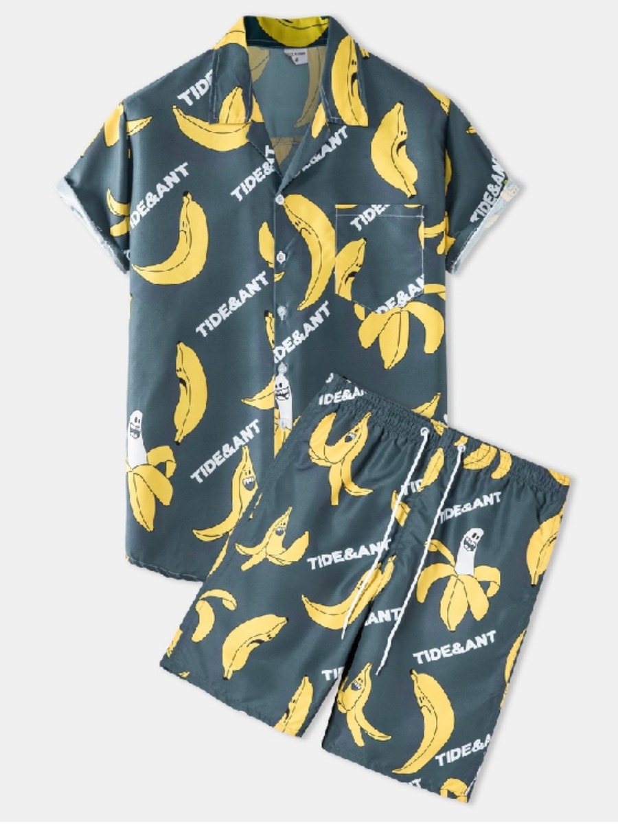 

Lovely Men Boho Banana Letter Print Black Green Two Piece Shorts Set