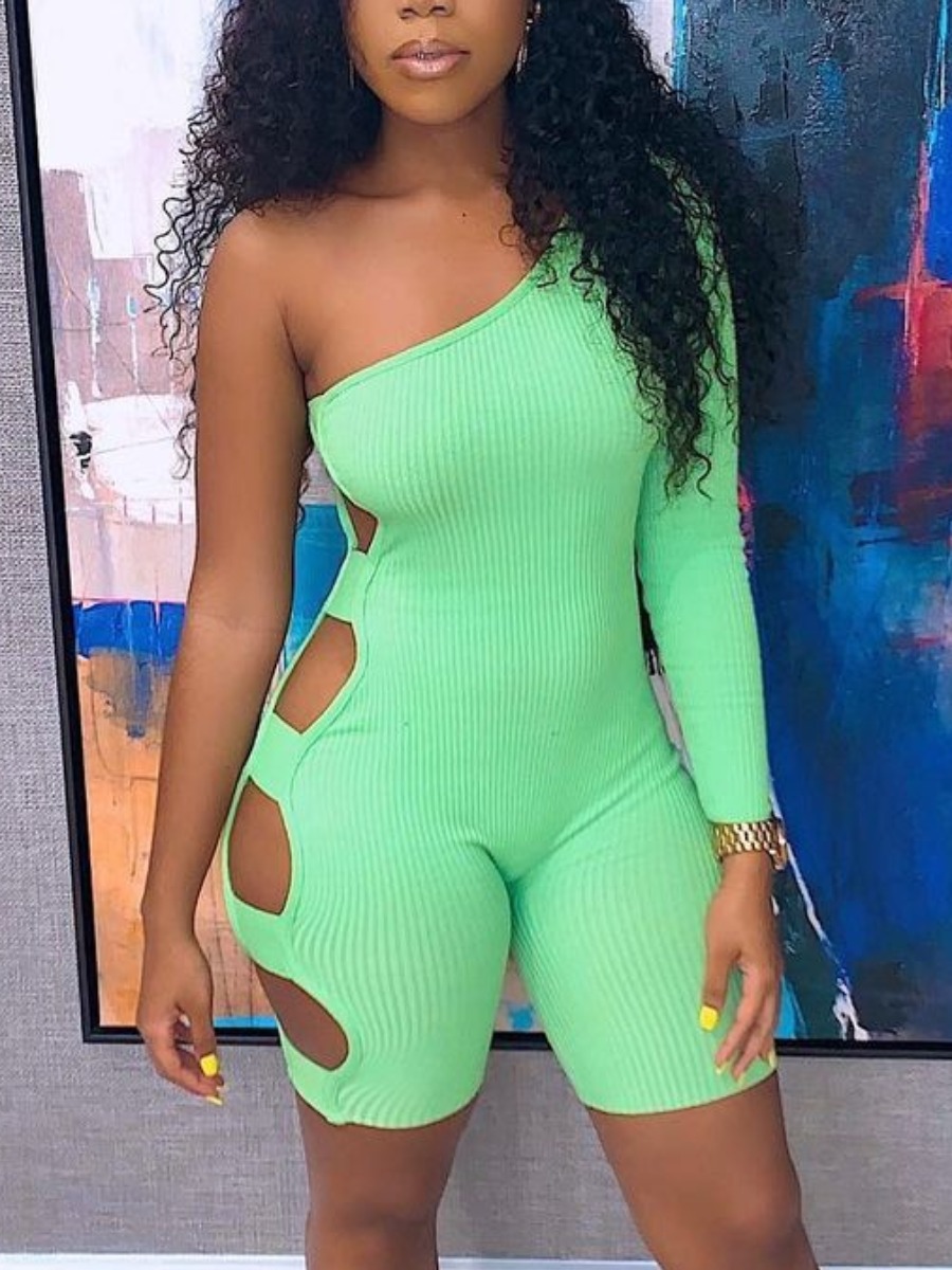 

LW Casual One Shoulder Rib-Knit Hollow-out Green One-piece Romper