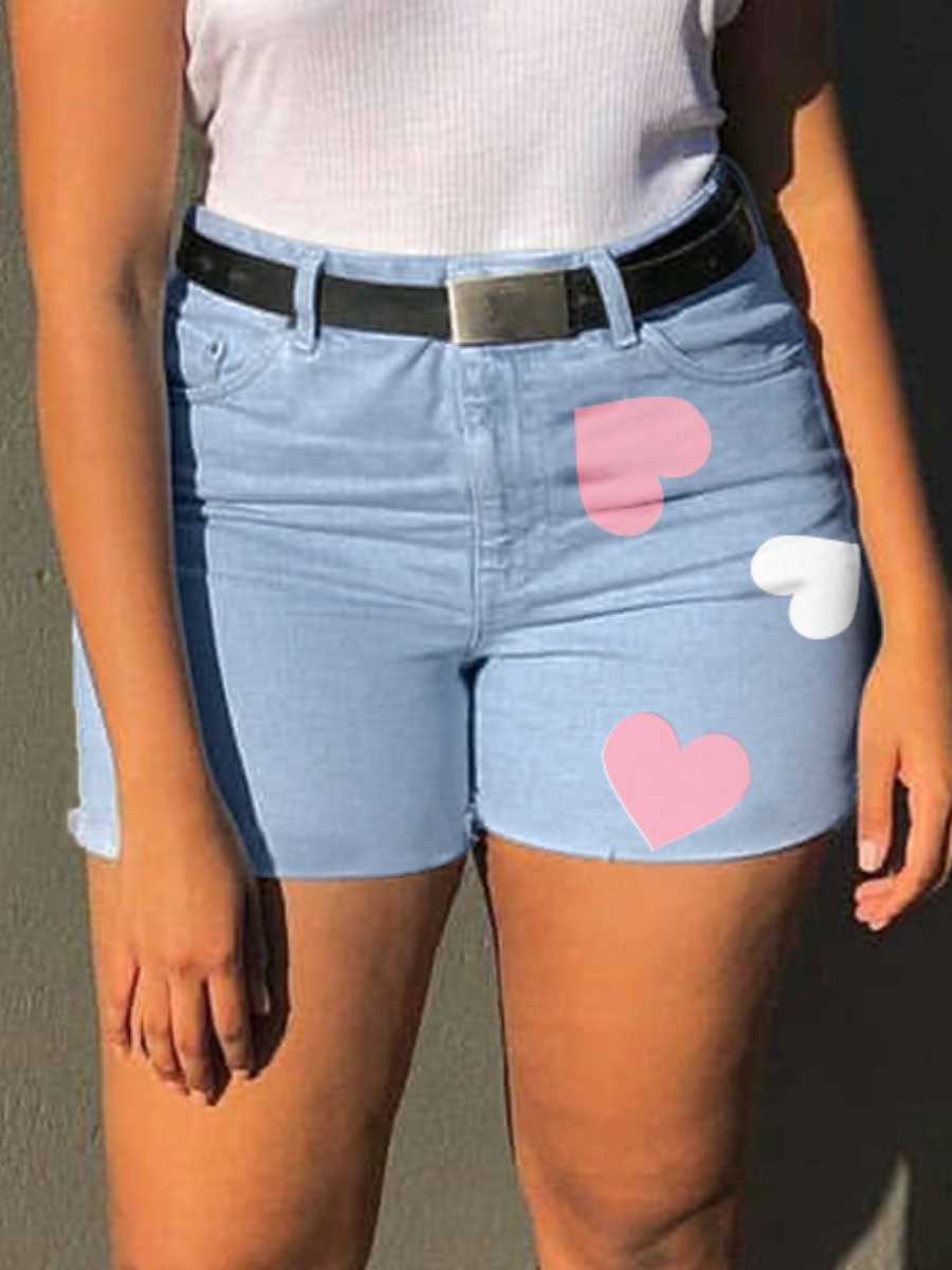 

LW Sweet High-waisted Stretch Heart Print Baby Blue Denim Shorts
