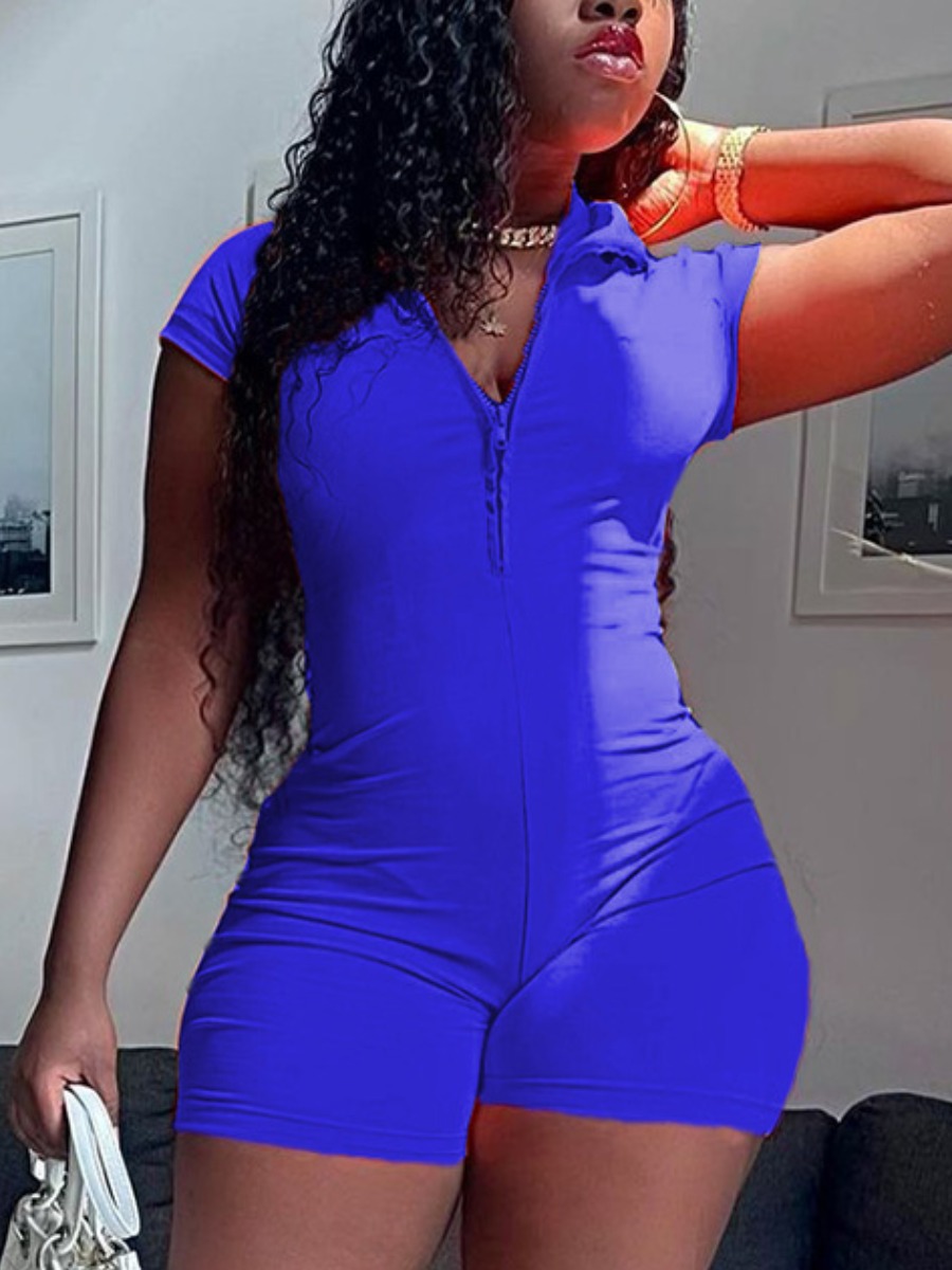 

LW Casual Turndown Collar Zipper Design Blue One-piece Romper