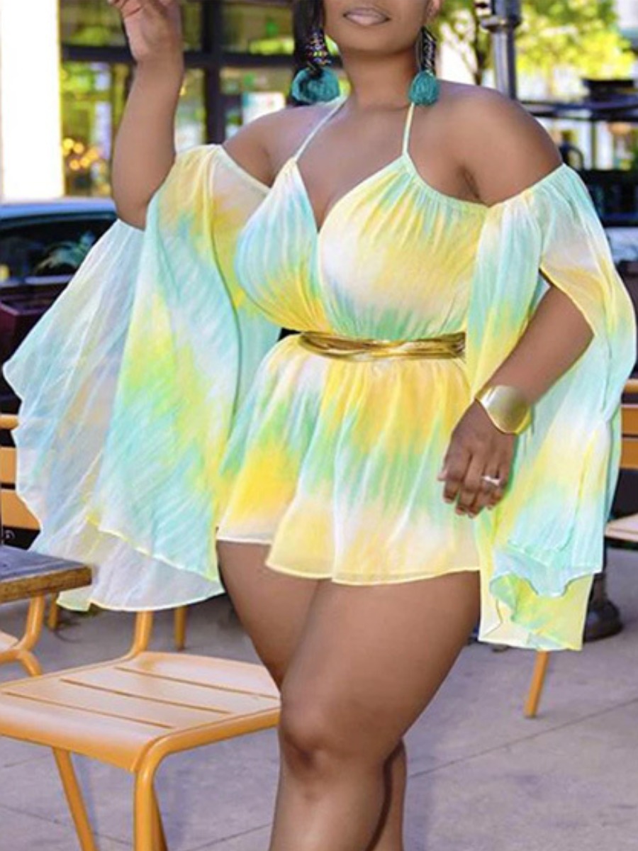 

Lovely Plus Size Casual Backless Gradient Print Yellow One-piece Romper