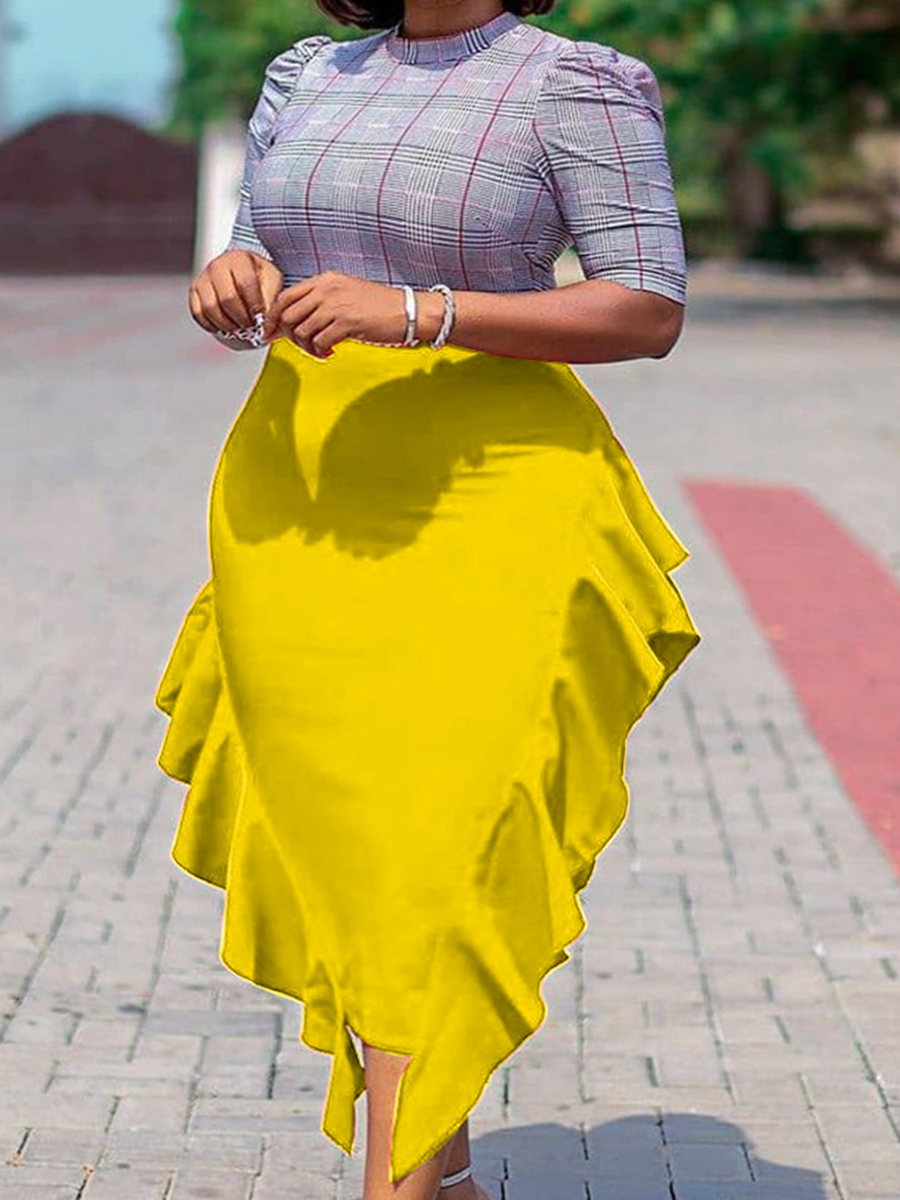 

LW Plus Size Street Plaid Print Flounce Design Yellow Mid Calf Dress