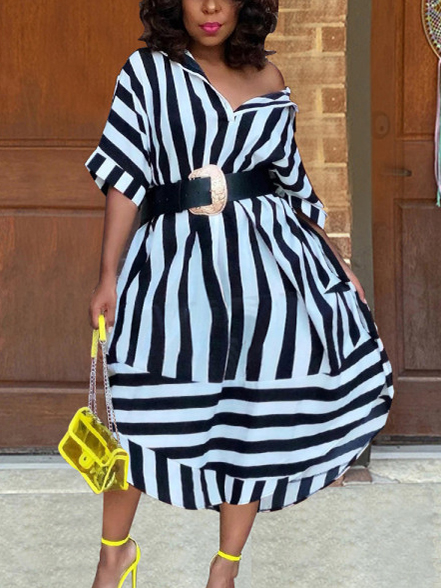 

Lovely Plus Size Boho Turndown Collar Striped Black Shirt Mid Calf Dress