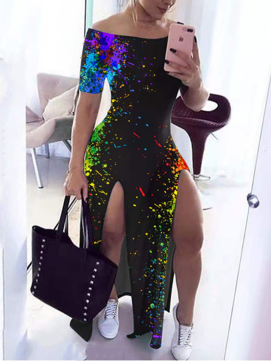

Lovely Sexy Boat Neck Splash-ink Design Split Black Ankle Length Dress
