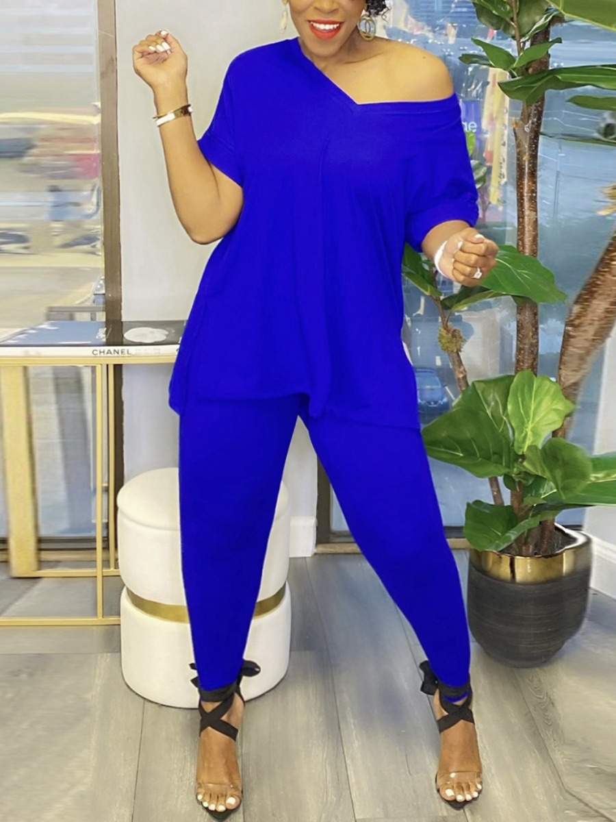 

Lovely Plus Size Casual V Neck Slit Royalblue Two-piece Pants Set