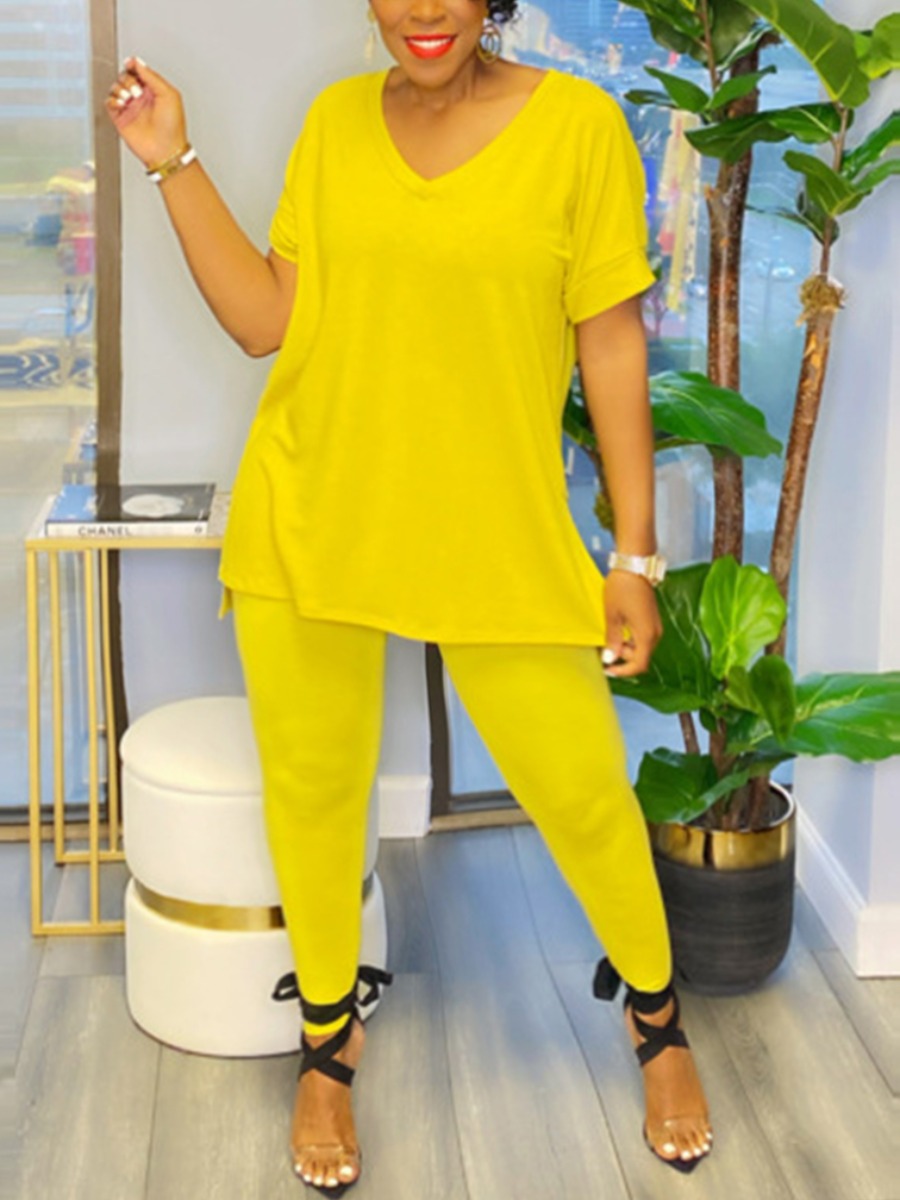 

Lovely Plus Size Casual V Neck Slit Yellow Two-piece Pants Set