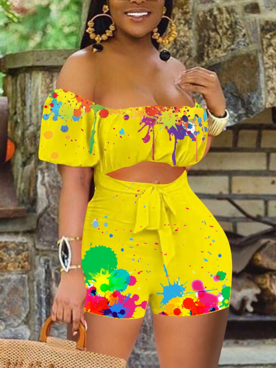 

Lovely Street Off The Shoulder Splash-ink Design Yellow One-piece Romper