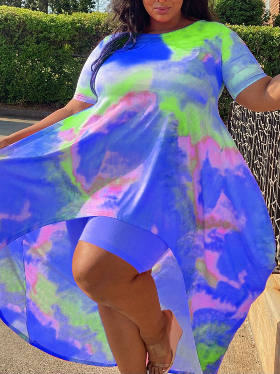 

LW BASICS Plus Size Casual Round Neck Tie-dye Blue Two-piece Shorts Set