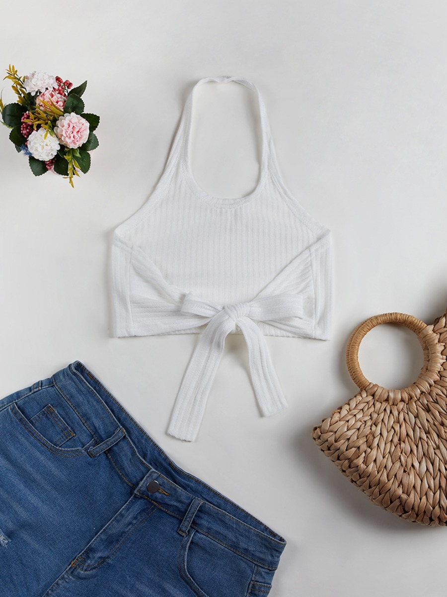 

Lovely Casual Rib-Knit Backless Bandage Design White Camisole