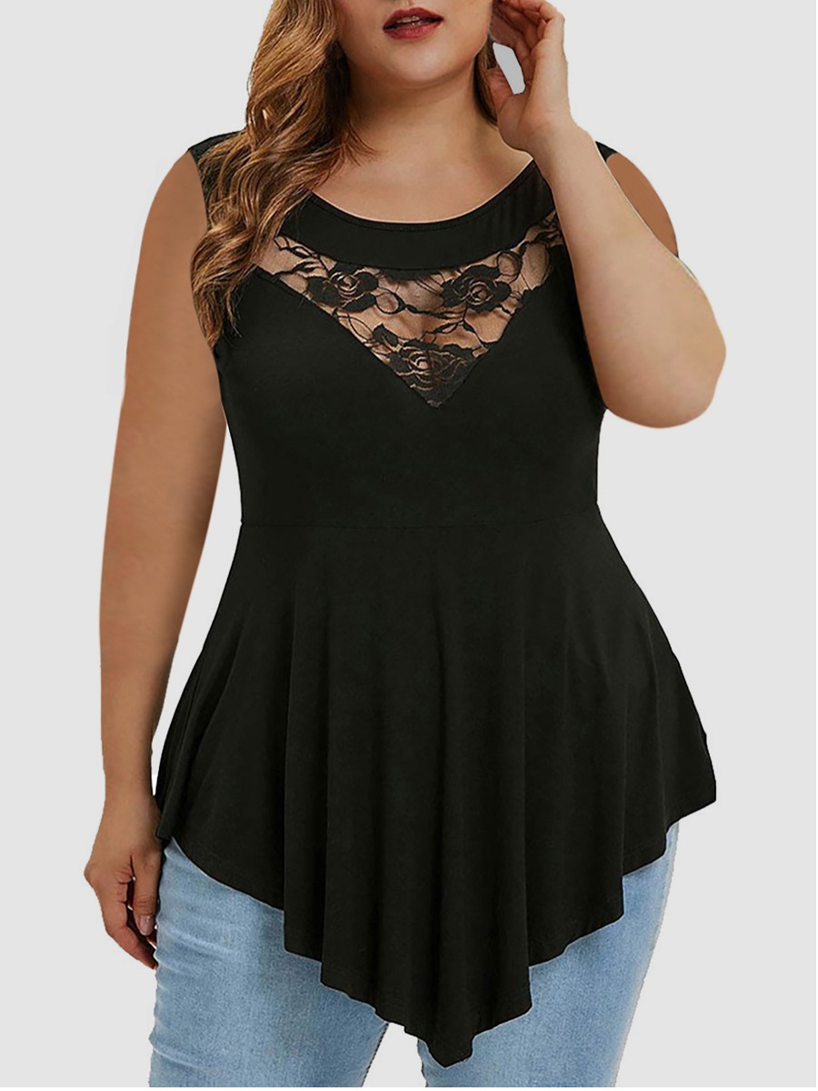 

Lovely Plus Size Elegant Lace Hem Flounce Design Black T-shirt