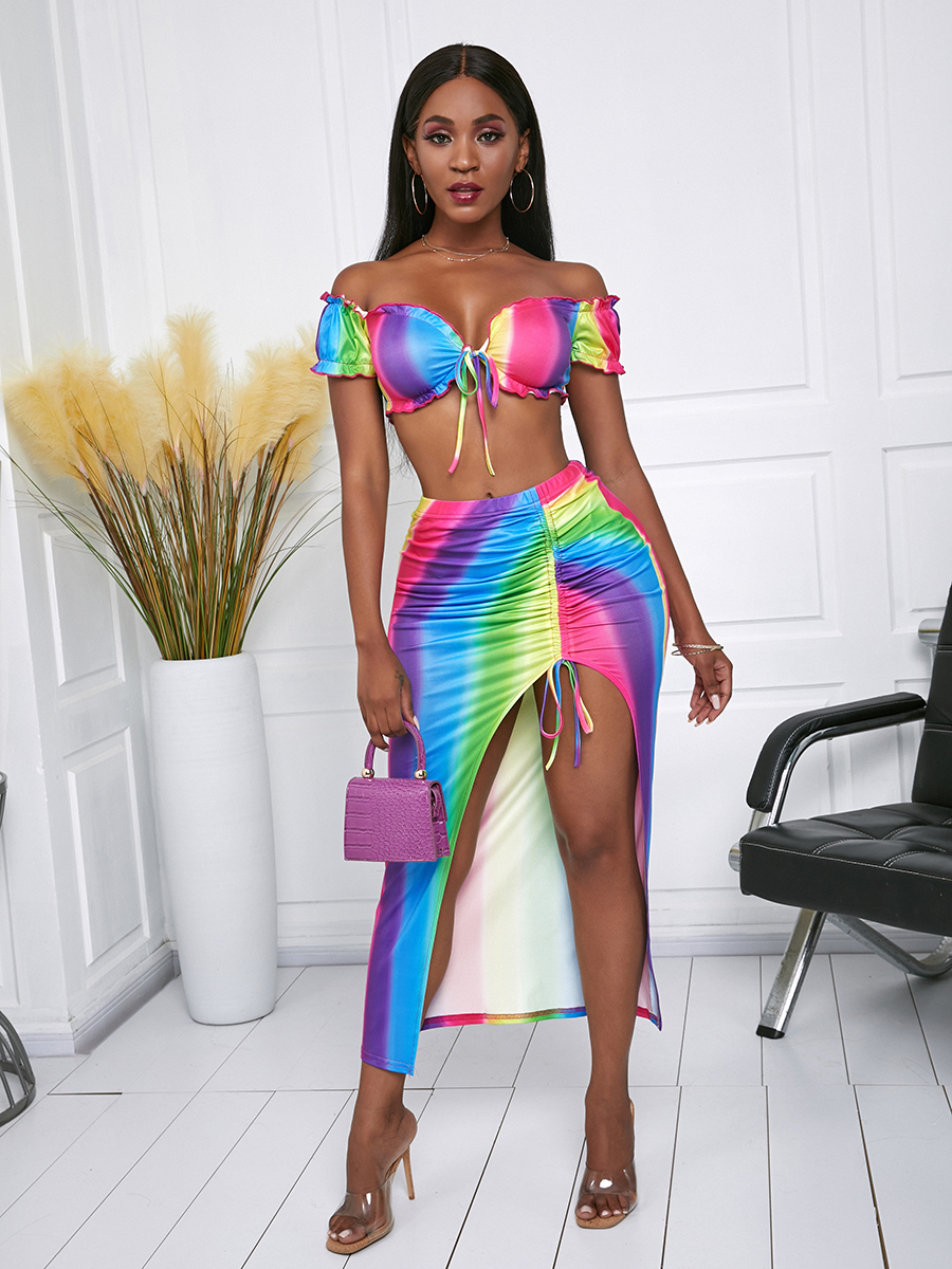 

LW Boho Gradient Drawstring Multicolor Two Piece Skirt Set, Multi