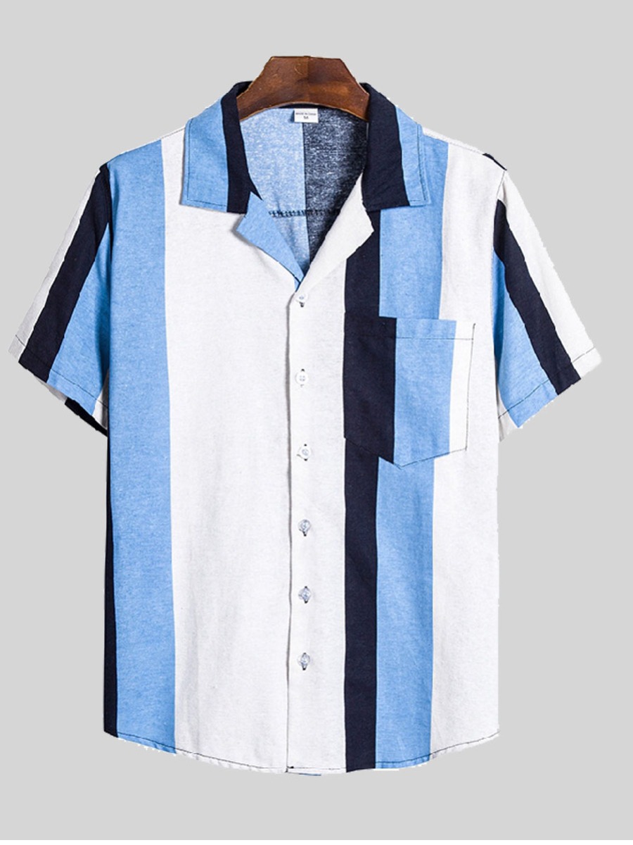 

Lovely Men Casual Turndown Collar Striped Blue Shirt