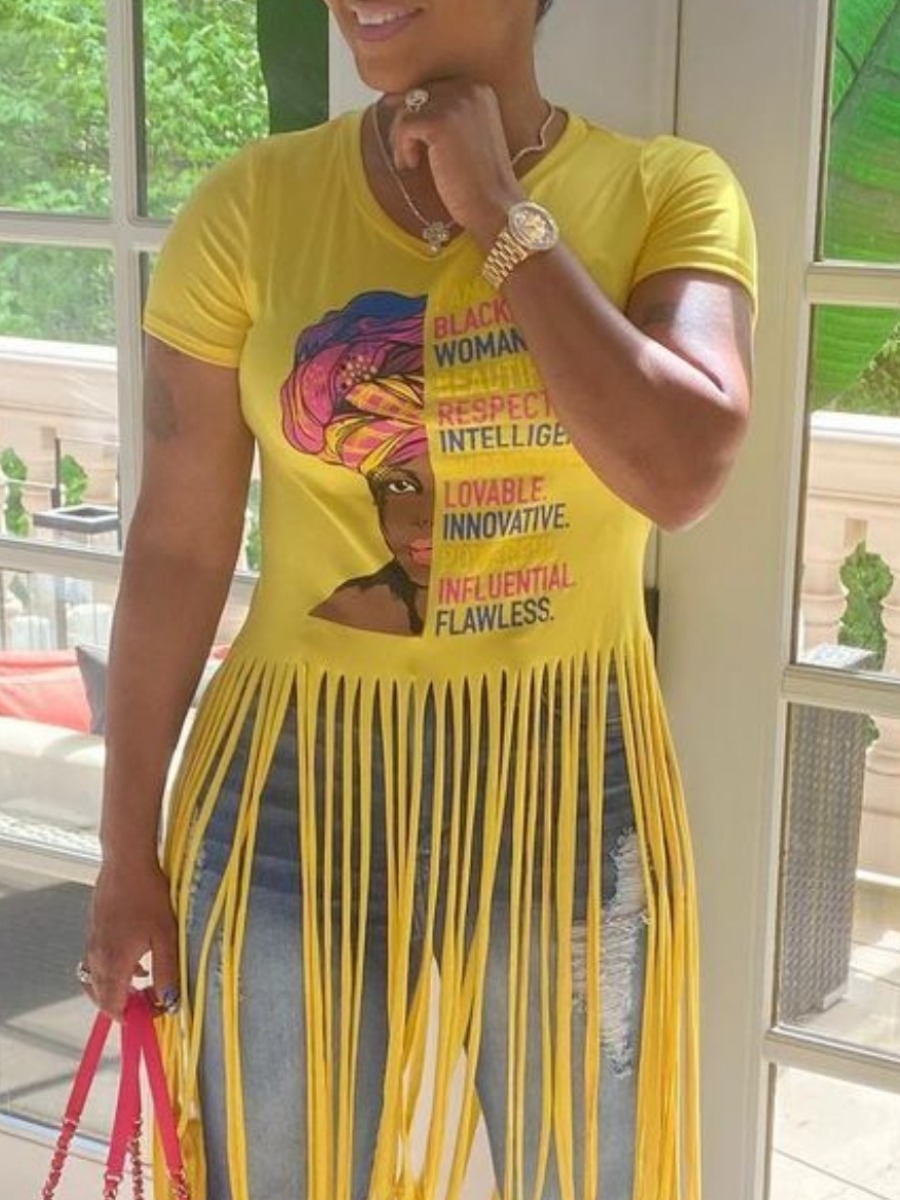 

Lovely Plus Size Street Letter Print Tassel Design Yellow T-shirt