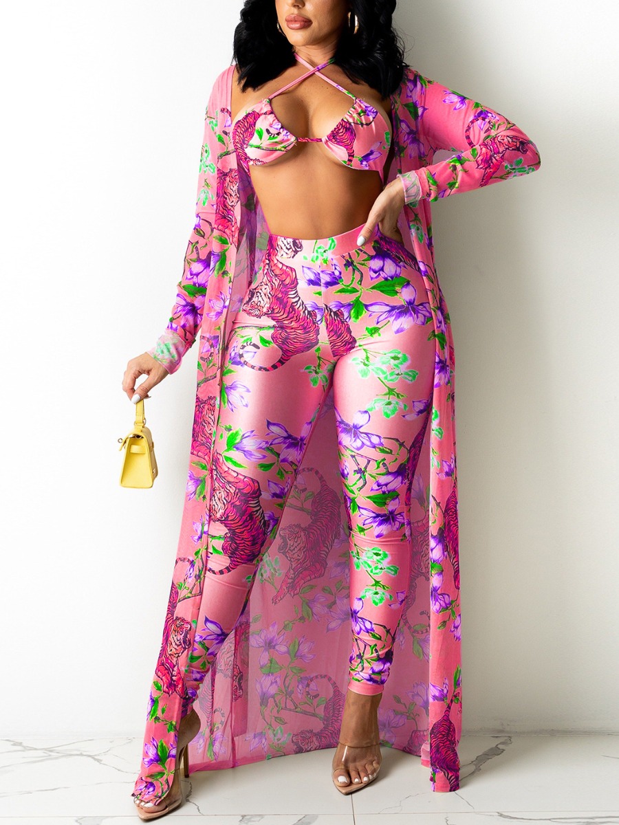 

Lovely Boho Floral Print High-waisted Pink Three-piece Swimsuit