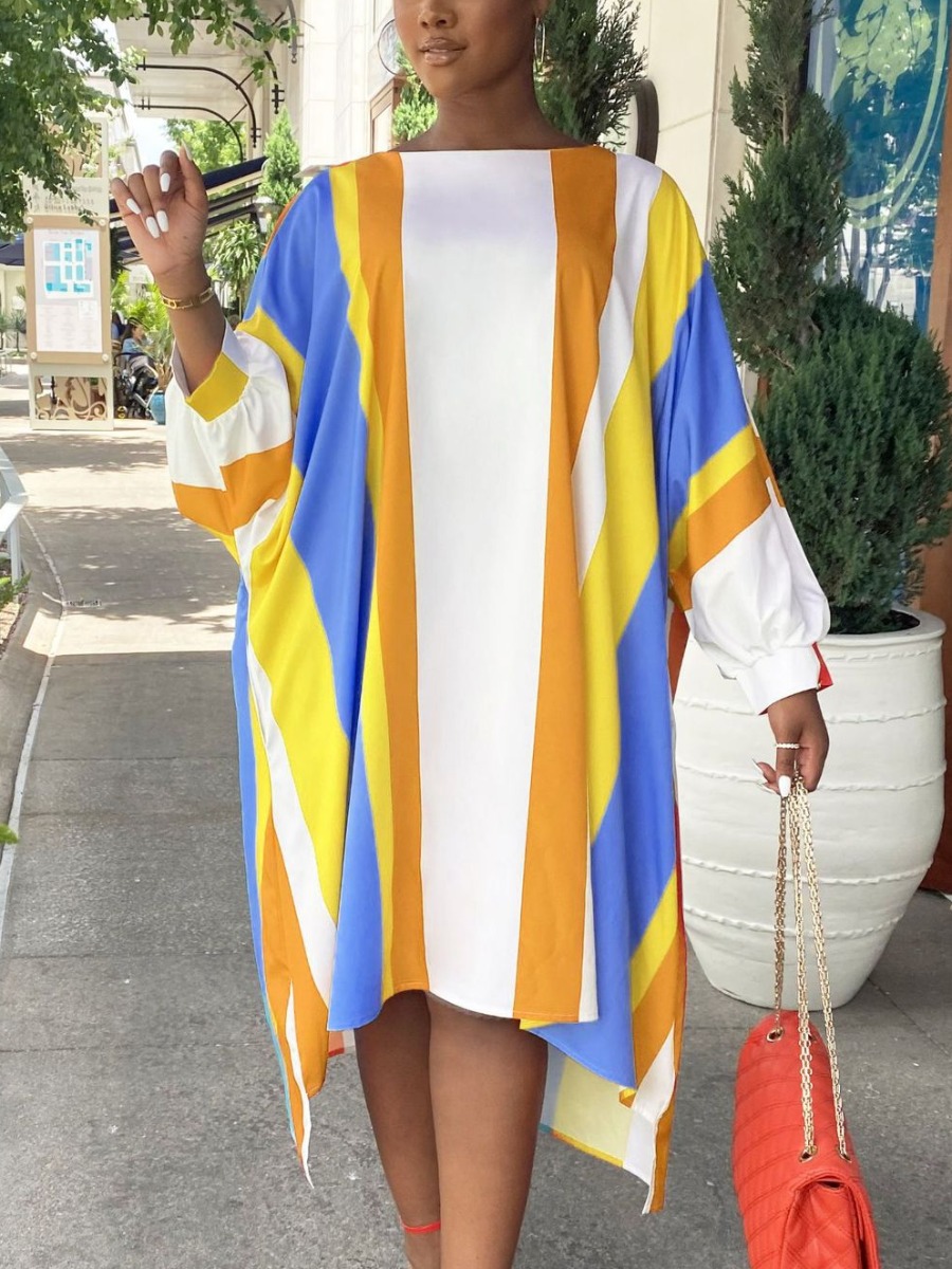 

LW BASICS Casual Dropped Shoulder Striped Yellow Mid Calf Dress